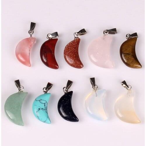 24pc Bulk Wholesale Moon Shape Natural Stone Pendant For Jewelry Making Necklace Healing Chakra Meditation Pendulo