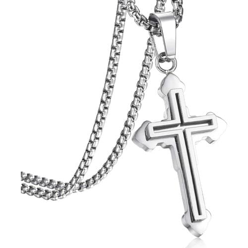 Stainless Steel Cross Pendant Necklace for Men Women Gold Silver Color Double Layers Cross Necklace Religious Jewelry DKPM145