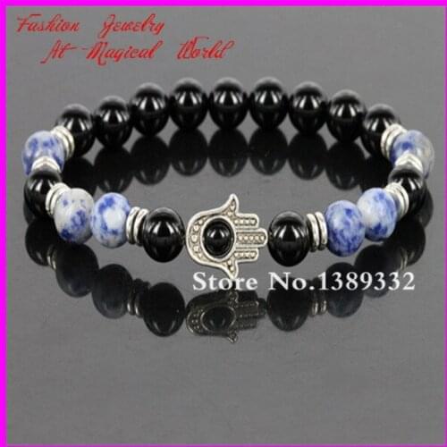 High Quality Nature 8mm Black Onyx Nature Beads Bracelet With Blue Nature Gems Beads Bracelet Hamsa Fatima Hand Bracelet
