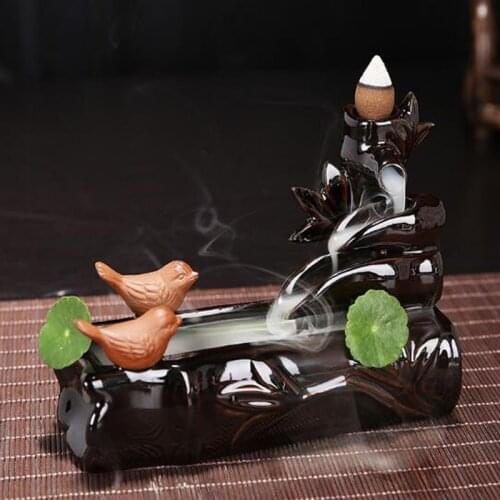 Watefall Backflow Incense Double Bird on Bamboo Incense Holder Creative Teahouse Ornament Home Decor