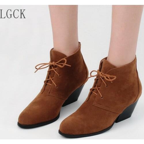Plus Size 34-48 Ankle Boots for Women Lace Up High Heel Boots Round Toe 2019 Winter Fashion Shoes Woman Botas Mujer Botte Femme