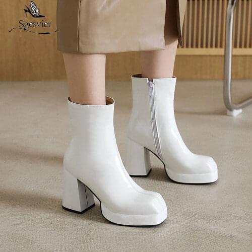 Sgesvier Fashion Women Ankle Boots Elegant Square Toe Platform High Heels Women White Red Party Fetish Boot Shoes Autumn Winter