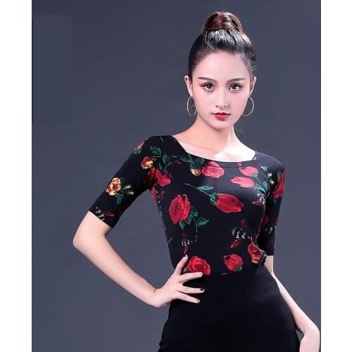 Flower print Half sleeve Ballroom Modern sexy Latin dance clothes top for women Dancing Shirts Costume performance wear YR1106