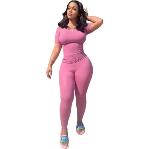 Casual Workout Knitted Rib Two Piece Set Women Sportswear O Neck Short Sleeve T Shirt Top + Leggings Slim 2 Piece Set Outfits