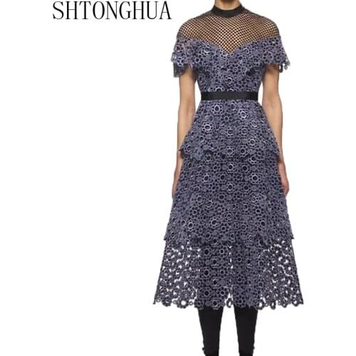 SHTONGHUA 2019 Self Portrait Women Runway Dress Embroidery Lace Patchwork Mesh Hollow Out Ruffles Short Sleeve Cake Party Dress