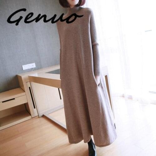 Genuo Women Autumn And Winter Knit Dress 2019 New Large Size Womens Retro Large Long Sleeve Turtleneck Solid Color Loose Dress