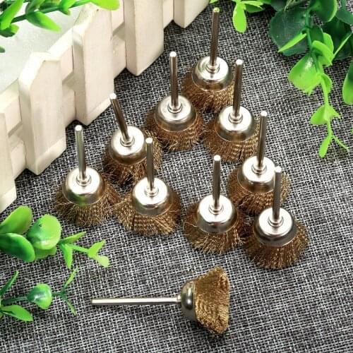 10Pcs 25mm Brass Wire Cup Bowl Wheel Brushes 3mm/ 3/25" Shank Cleaning Polishing Abrasive Kit for Die Grinder Power Rotary Tool