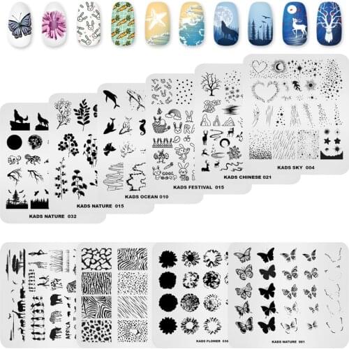 KADS 10 PCS Nail Stamping Plates Set Butterfly Flower Leopard Wolf Nail Art Templates Plate Image Design Manicure DIY Stencil