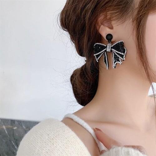 2021 New Korean Vintage Black Rhinstone Bowknot Trendy Dangle Earrings For Women Fashion Jewelry Pendientes Mujer