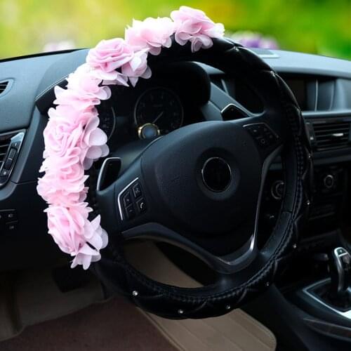 38cm Luxury Anti-Slip Leather Auto Steering-wheel Cover Lace Flower Car Steering Wheel Cover with Rhinestones for Women Grils