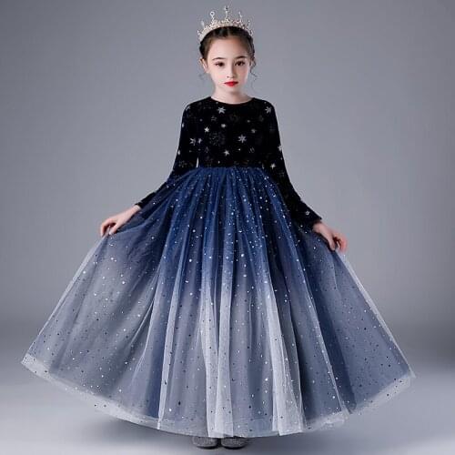 Flower Girl Dresses Illusion Gradient Color Full O-Neck Princess Lace Sequined Ball Gown Floor-Length Tulle Kid Party Dress H008
