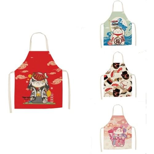 1pcs Lucky Cat Apron Kitchen Aprons for Women Cotton Linen Bibs Household Cleaning Pinafore Home Cooking Apron