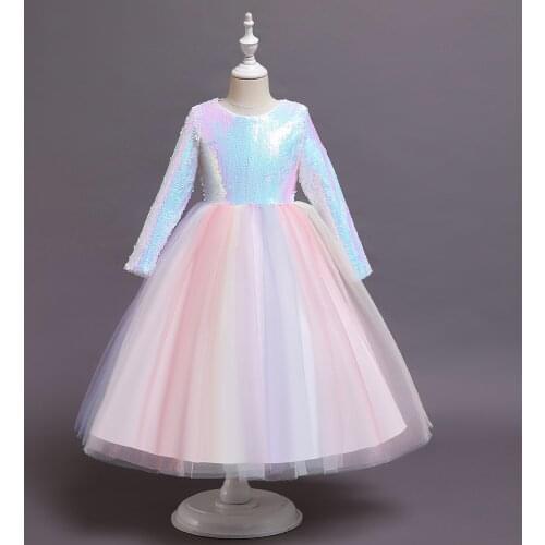 Colour Sequined Full Sleeve Rainbow Voile Cotton Kids Girls Wedding Dress For Girls Childrens clothing 6 8 10 12 14 Years