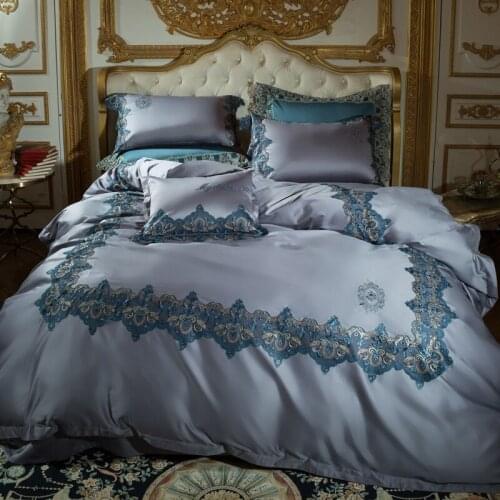 Blue Bedding 120 Deluxe Egyptian Cotton Queen King Embroidery Lace Gold Covered Bed Sheet Pillow Cover Set 4/5 PCs