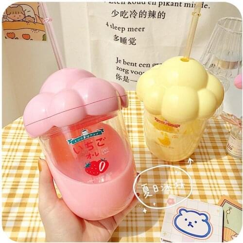 350ml Plastic Water Bottle Cartoon Fruit Snacks Pattern Straw Cup Portable Drinking Bottle Cloud Shape Cup Lid Girl Gift