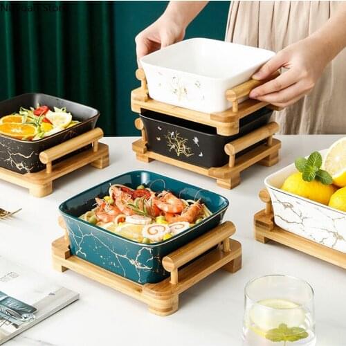 Nordic Square Ceramic Fruit Plate Marble Gold Pattern Salad Bowl Creative Wooden Bracket Living Room Decoration Accessories