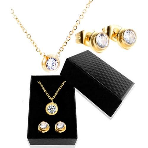 Fashion Simple 316L Stainless Steel Pendants Necklaces Earring Set For Women Gold/Rose Gold/Silver Round Crystal Jewelry Set