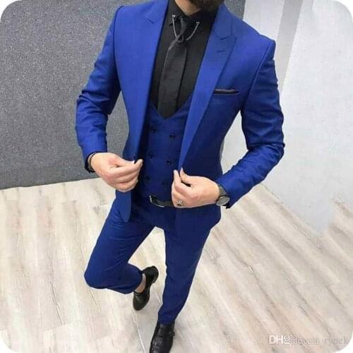 Royal Blue Mens Classic Wedding Suits Man Blazers Peaked Lapel 3 Piece Coat Pants Vest with Double Breasted Costume Homme Prom
