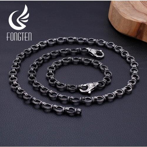 Fongten Retro Jewelry Set for Men Round Link Chain Black Stainless Steel Long Necklace & Special Bracelet Male Jewelry