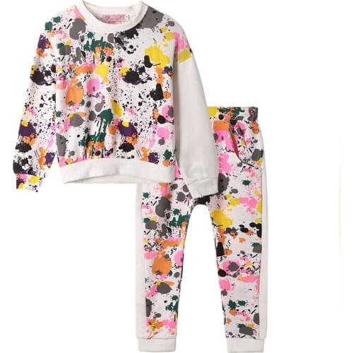 2021 Autume New Fashionable White Girl Clothing Set 2 Pieces Colorful Printed Paint Size 3 5 7 Years Old Children Outfit