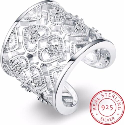 New Popular 925 Sterling Silver Jewelry Fine Big Wide Fresh Fashion Simple Heart-shaped Love Hollow Open Hole Rings