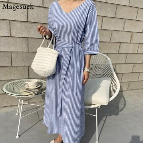 Autumn Vintage Elegant Dress Women Cotton Loose Striped Maxi Women Dress 2021 V-neck Harajuku Party Dresses Casual Vestido 9679