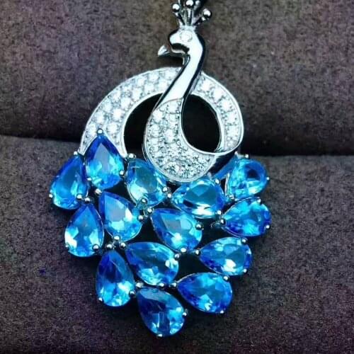 Natural blue topaz gem Pendant natural gemstone pendant S925 silver Elegant cute Phoenix peacock Women girl party fine jewelry