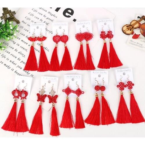 Popular Traditional Holiday Red Lantern Chinese Knot Carp Long Earrings Tassel Earrings Drop Earrings for Women Jewelry Earings