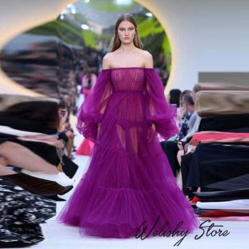 So Sexy Purple Tiered Ruffle Tulle Dresses Off The Shoulder Long Tulle Party Gowns Sheer See Through Women Dress Custom Made