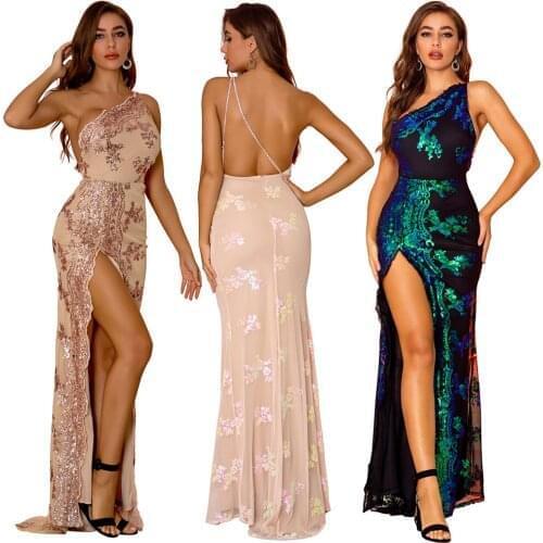 Gorgeous Sexy Backless Full Length Evening Dresses Women One Shoulder Slit Embroidery Sequins Bling Prom Party Vestidos De Noche