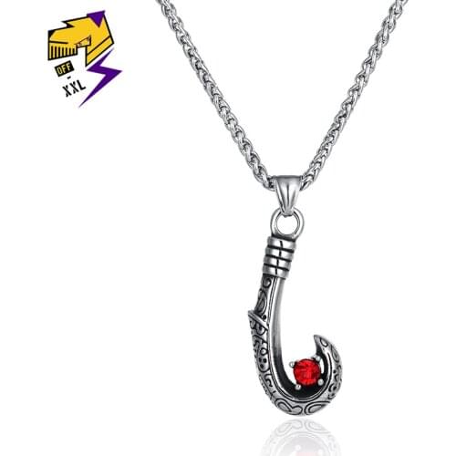 Vintage Fish Hook Necklace Male Pendant Tibetan Totem Pattern Necklaces Red Crystal Kolye Women Stainless Steel Jewelry