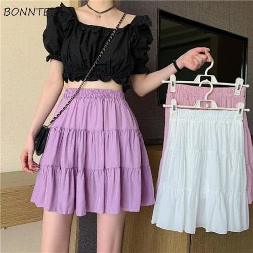 Skirts Women A-line Korean Style Cute Sweet Girls High Waist Solid Simple Casual Ladies Summer Fashionable Teens All-match Chic