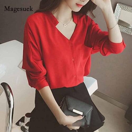 2020 V-Neck Blouse Women Long Sleeve Loose Ladies Clothing Autumn Casual Solid Button Cardigan Women Chiffon Shirt Blusas 11046