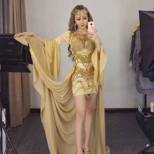 Woman party fashion model sexiness Belly dance The horn sleeve Package buttocks singer rhinestone Night club performance costume