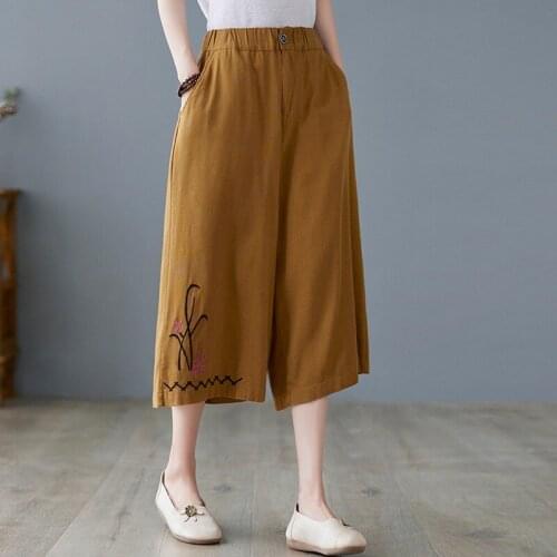 Women Summer Calf-length Casual Pants New 2021 Vintage Style Floral Embroidery Loose Female Cotton Linen Wide Leg Pants B694