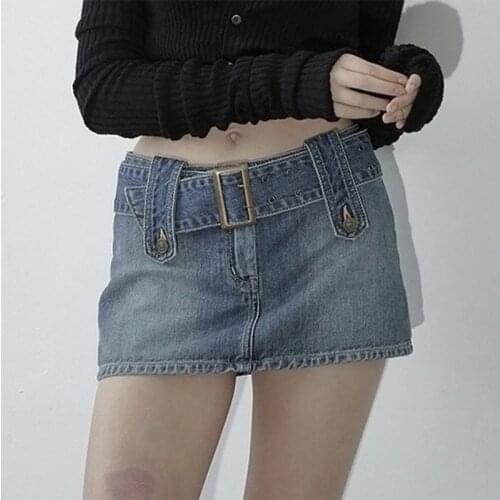 Women Vintage Washed Jeans Shorts 2021 Package Hip Micro Mini Skirt with Sashes Belt Mid Waist Button Bodycon Denim Streetwear