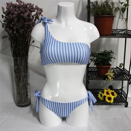 Women Summer Swimwear Bikini Set Push-up Padded Blue Stripe Beachwear Swimsuit One Shoulder Bandage Two Pieces Bathing Suit