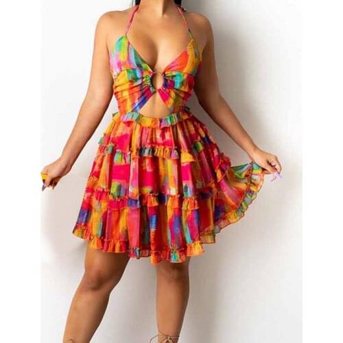 Sexy Dress Women Backless Sling Sundress High Waist Sleeveless Print Mini Dress Halter Round Buckle Strap Dress Summer Vestidos