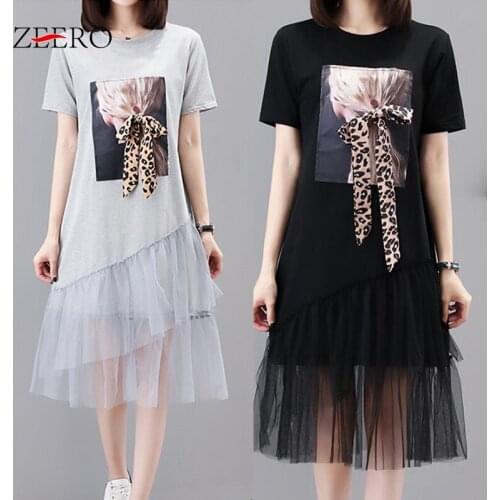 Summer Women Mesh Patchwork Ruffled Leopard Bow Tie Dress Black Dress Womens Casual Cartoon Appliques Gray Midi Dress Plus Size