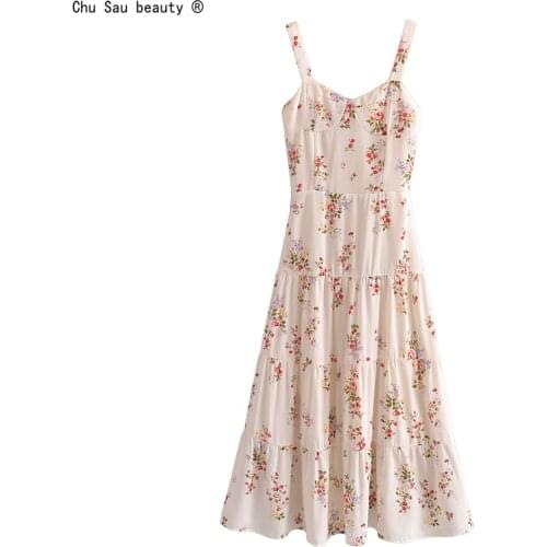 2021 Summer Vintage Prairie Chic Floral Print Spaghetti Strap A-line Folds Elastic Waist Dress Zipper Vestido Women Mid-Length
