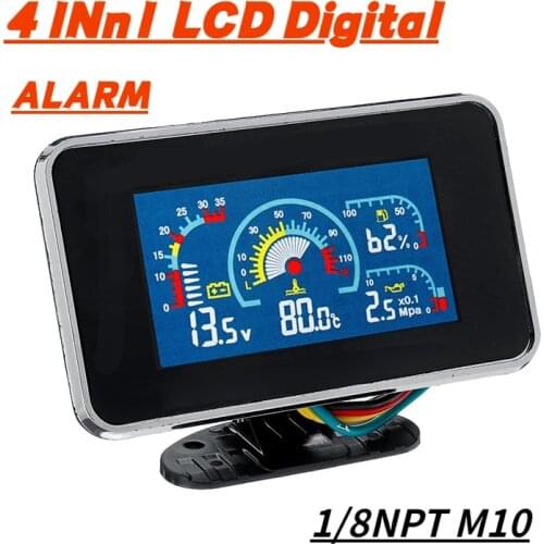 12V/24V 4 in1 LCD Car Digital ALARM Gauge Voltmeter Oil Pressure Fuel Water Temp Meter 1/8 NPT M10 Oil Pressure Sensor Gauge
