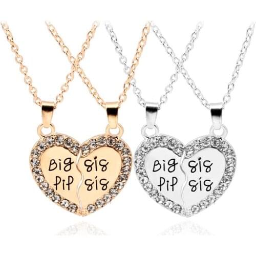 2 Piece Heart Personalized Hand Stamped Big Sis Little Sis Lil Sister Necklace Splice Heart Crystal Family Jewelry Sisters Gift