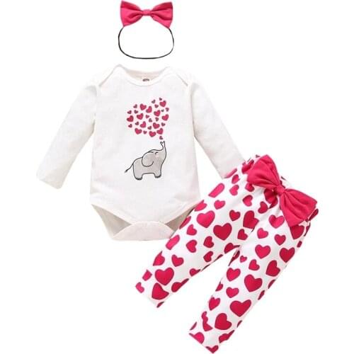 2021 0-18M Baby Girl’s Clothes Cartoon Elephant Long Sleeve Jumpsuit and Heart Pattern Long Pants with Headband 3Pcs Set