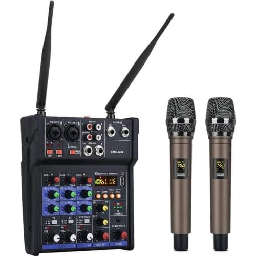 3.5mm Stereo Audio Mixer Build-in UHF Wireless Mics 4 Channels Mixing Console With Bluetooth USB Effect For DJ Karaoke PC Guitar