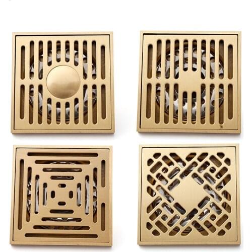 4" Square Floor Drain Gold Color Brass Carved Flower Pattern Bathroom Shower Drain Waste Grates Bathroom Accessories