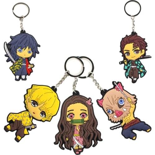 5pcs/set Demon Slayer: Kimetsu no Yaiba Anime Tanjirou Nezuko PVC Figure Keychain Pendant Toys Two Sided Keychain Set