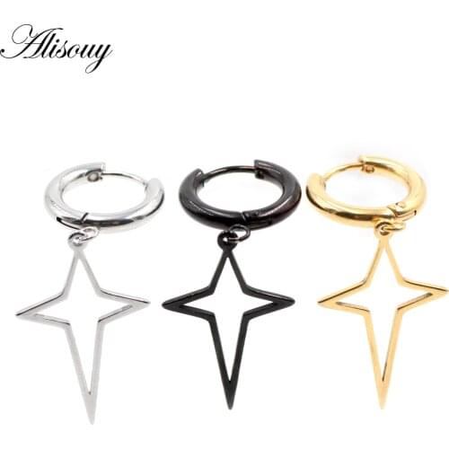 Alisouy 2PC Fashion Men Women Metal Hoop Cross Drop Dangle Ear Studs Earrings Party Punk Earring Jewelry long earrings