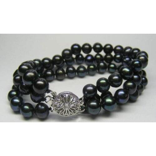 3 ROWS 7-8MM Black Freshwater Cultured Pearl Bracelet 7.5"