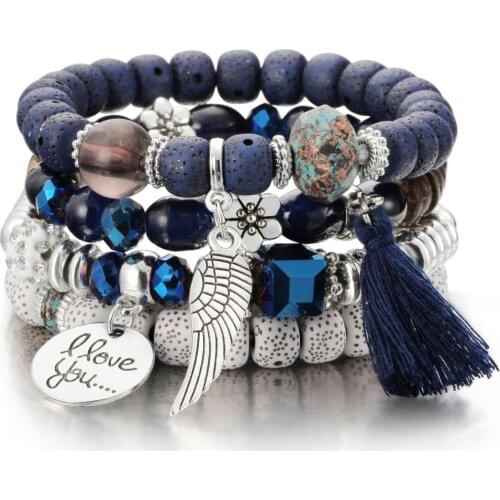 3-4pcs Stone Beads Wrap Bracelets For Women Tassel Charm Bracelets & Bangles Set Boho Summer Jewelry pulseras mujer moda 2020