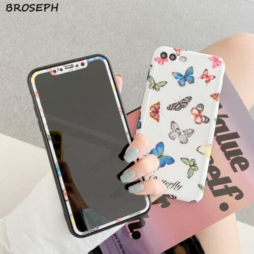 Colorful Tempered Film For iPhone 11 Pro X XR XS Max Soft TPU Simple Butterfly Phone Case For iPhone 7 8 Plus SE 2020 Cases